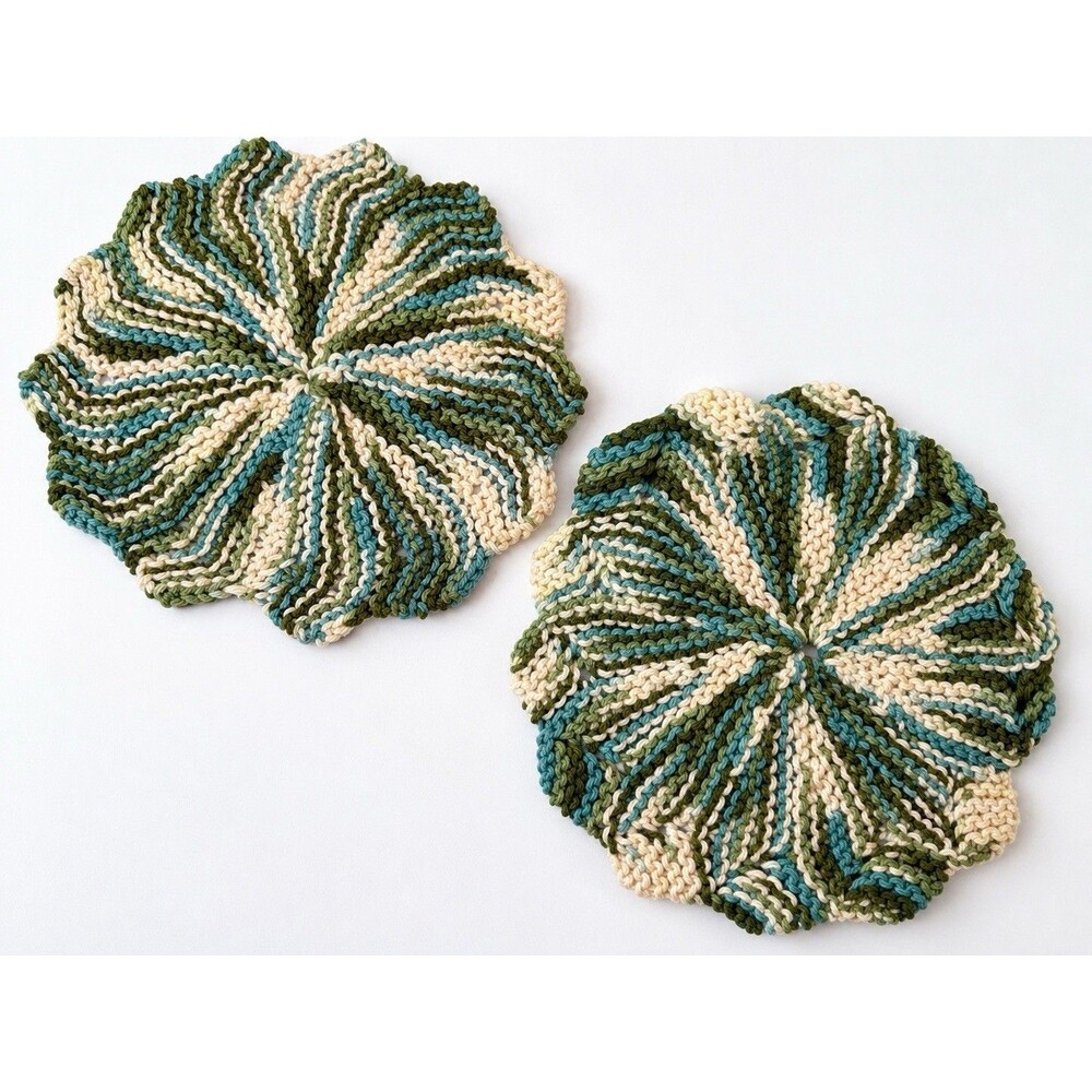 Hand Knit Round Trivets Set 2 Spiral Pinwheel Green Blue Cream Cottagecore 8"